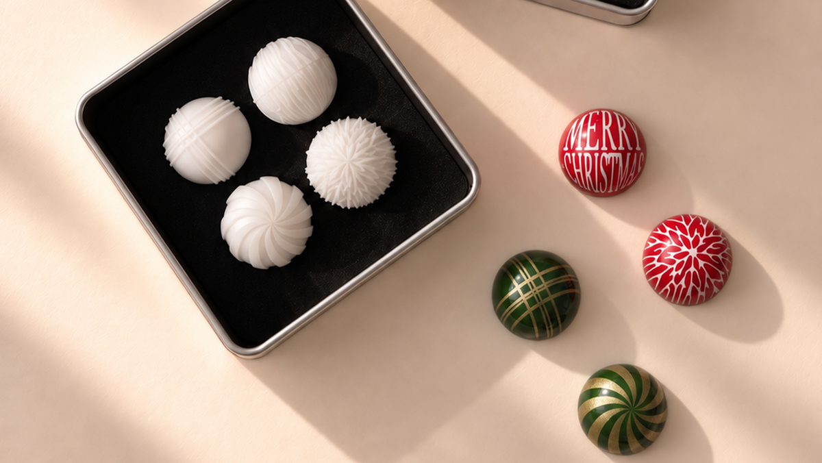 Colección completa de estuches de sellos de silicona navideños diseñados por Andrey Dubovik con bombones decorados