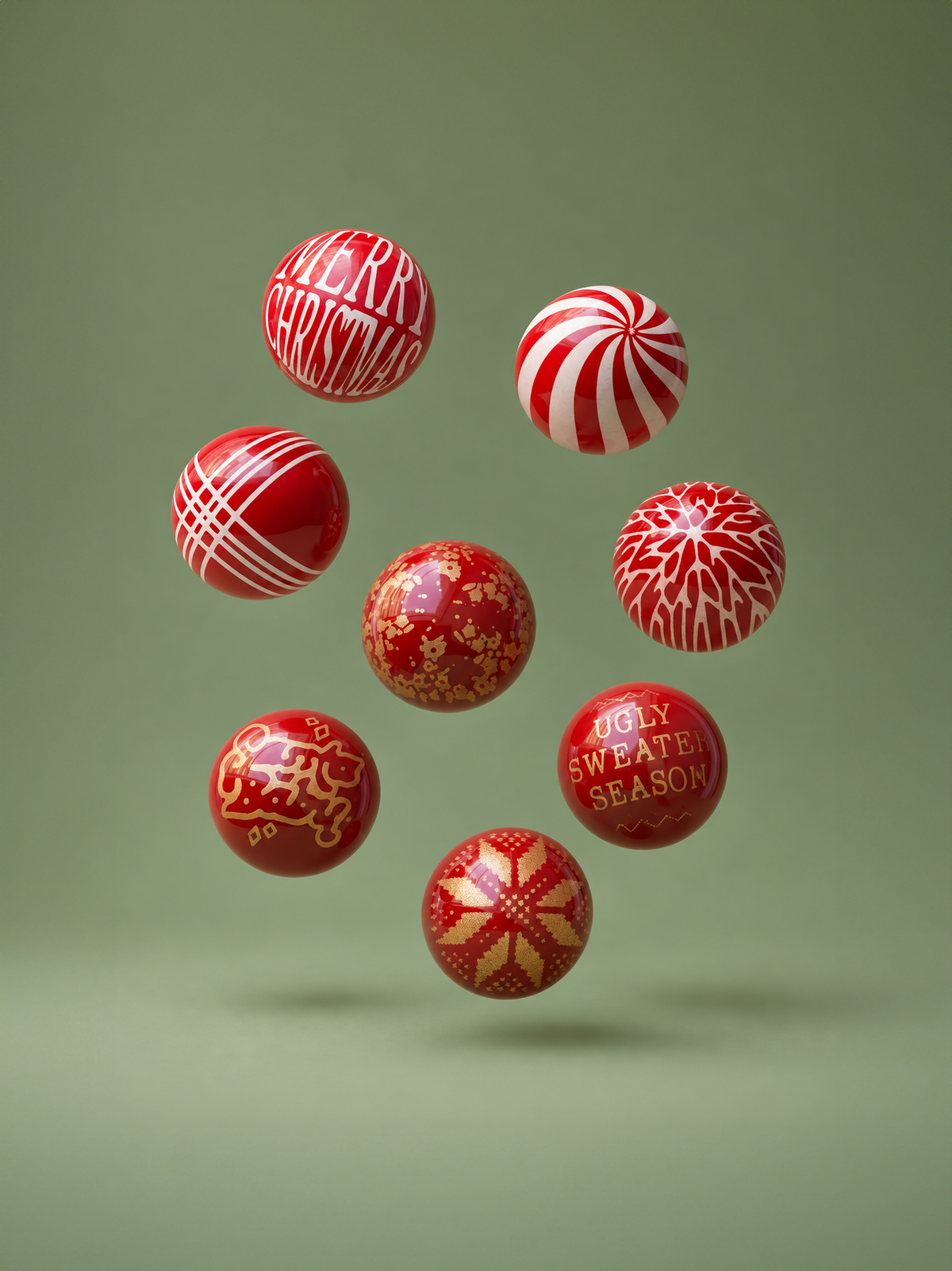 Bombones de chocolate navideños flotando en el aire, estampados dorados, rojos y blancos de Merry Christmas, colección de Andrey Dubovik