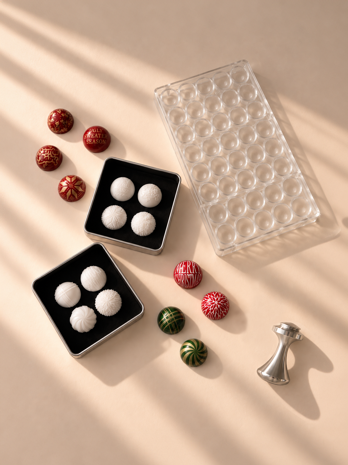 Kit profesional de chocolatería con moldes, mangos aplicadores y sellos de silicona para hacer bombones de Navidad de Andrey Dubovik