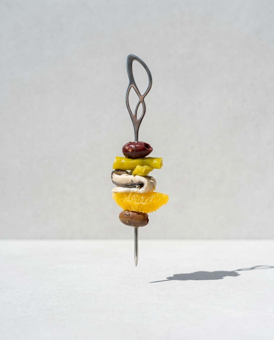 Brocheta metalica con diseño de curvas, alta cocina conboquerón, naranja y aceituna negra 