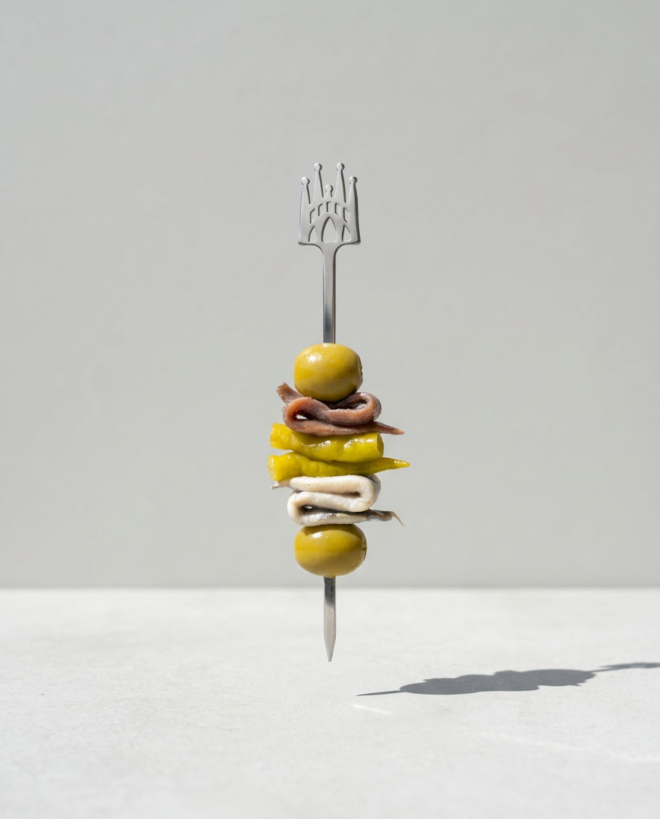 Brocheta metálica con diseño de la Sagrada Familia presentando un pincho de gilda gourmet 