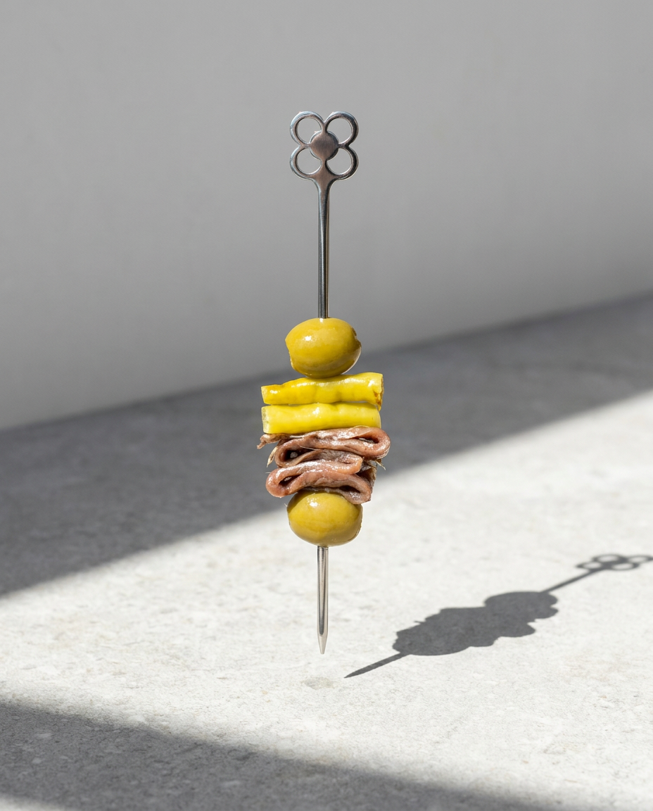 Brocheta de metal con diseño del panot de Barcelona presentando un pincho de gilda clásica con anchoa y piparra 