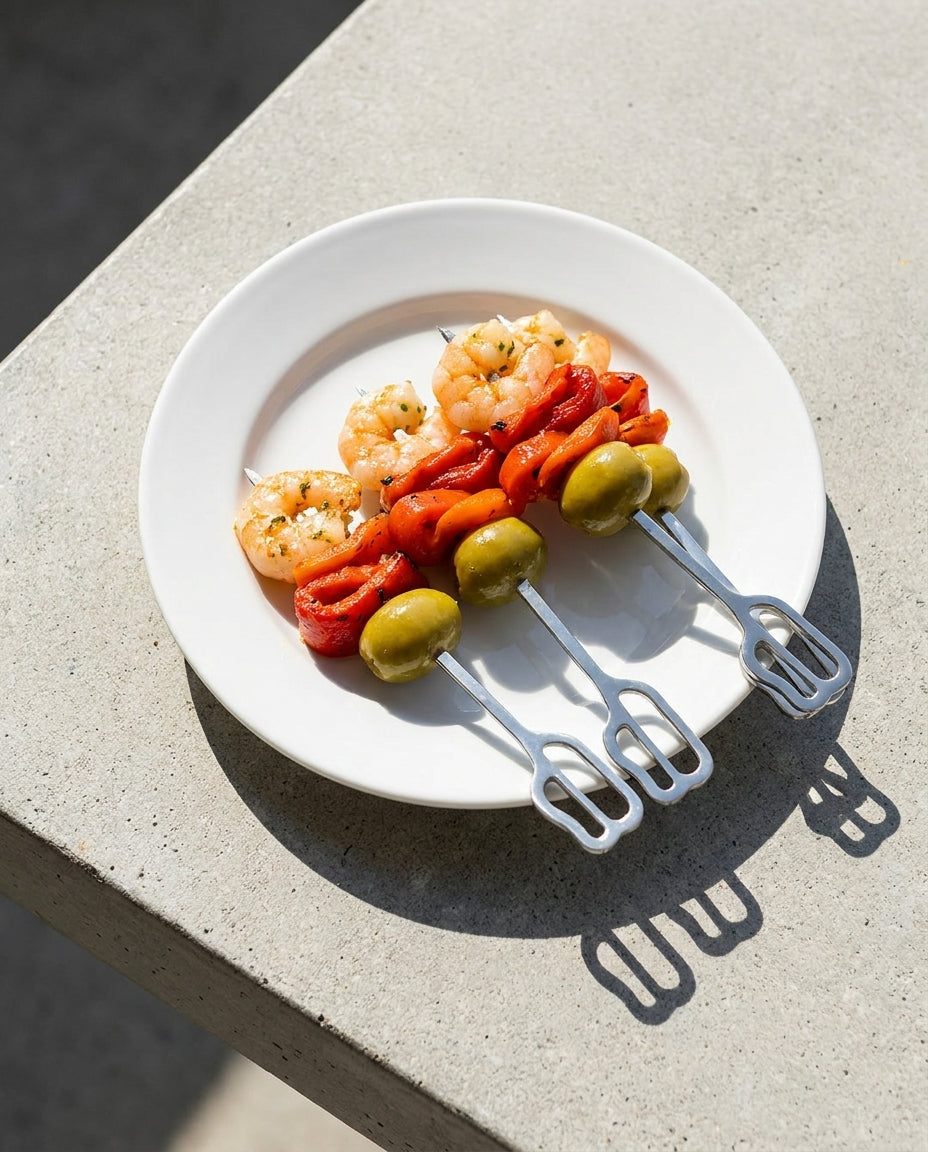 Cuatro brochetas de metal con diseño exclusivo, presentando pinchos de gilda de gamba, pimiento rojo y aceitunas