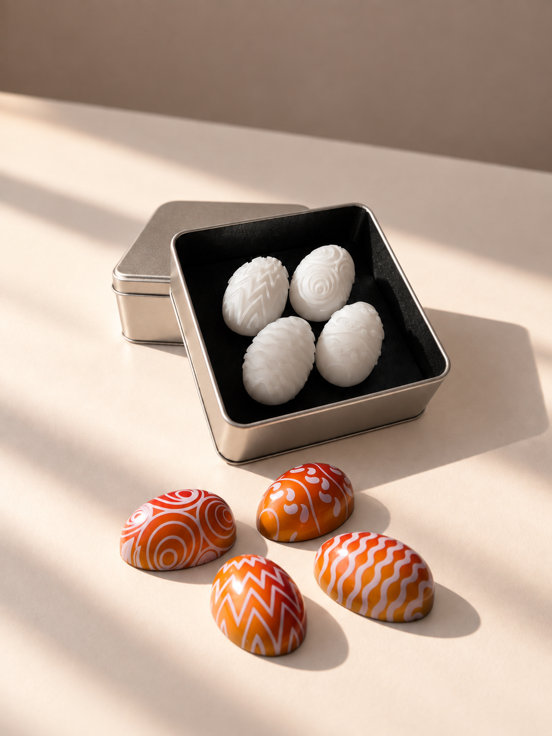 Kit de sellos de silicona Ovo para huevos de Pascua con figuras de chocolate decoradas con patrones geométricos y espirales diseñado por Andrey Dubovik