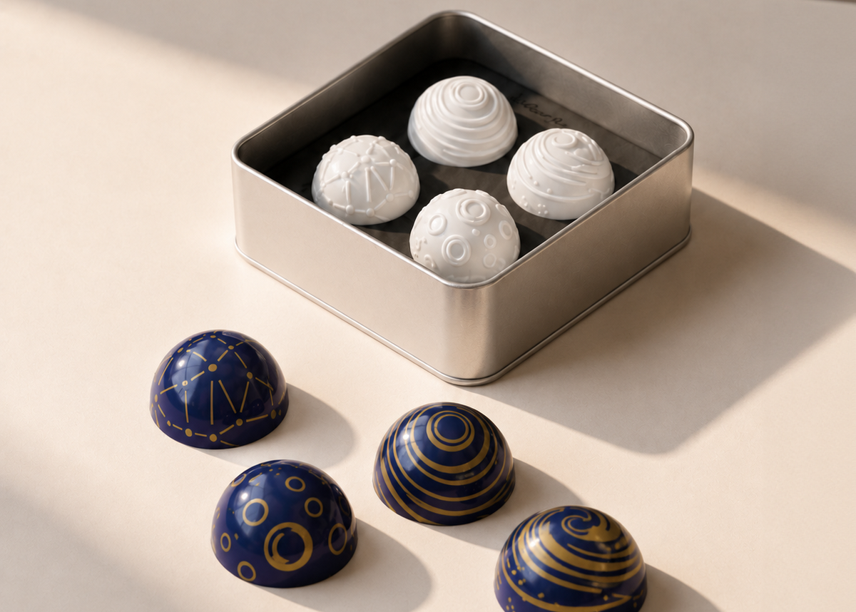 Set de sellos de silicona Cosmos de Andrey Dubovik en su estuche metálico junto a bombones decorados 